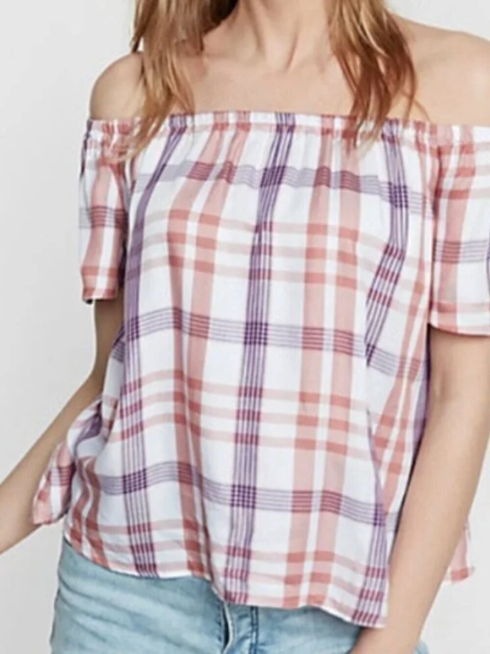 EXPRESS Plaid Off the Shoulder Blouse White Mauve Rose Pink Short Sleeve Preppy